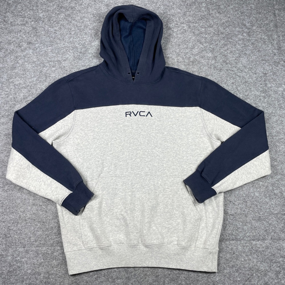 RVCA Hoodie Mens Medium Gray Navy Blue Color Block Regular Fit Pullover Skate